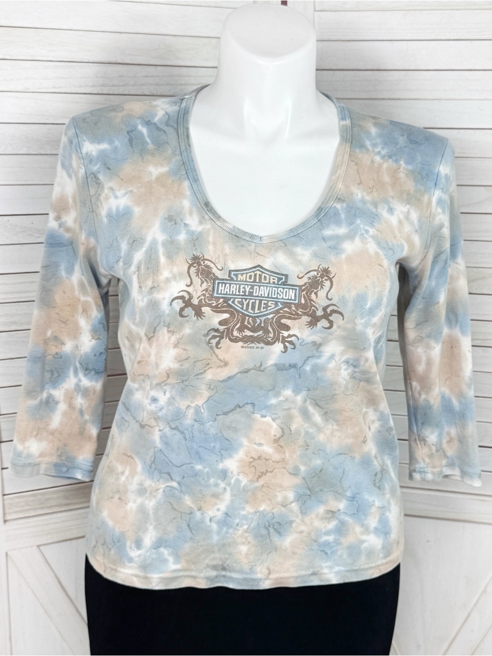 Vintage 2004 Y2K Vreeland’s Harley Davidson Tie Dye Tee Shirt Blue Tan XL V Neck